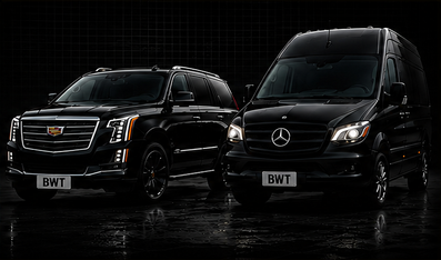Black executive SUV and Mercedes-Benz Sprinter representing BW Transportation ground transportation