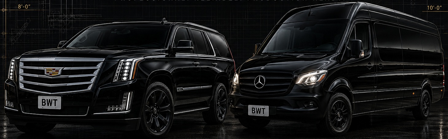 Black SUV and black Mercedes Sprinter with BWT front license plates