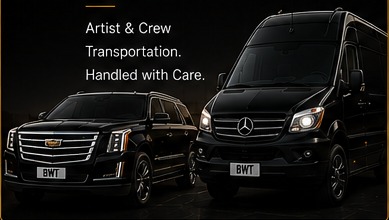 Black Cadillac Escalade and black Mercedes-Benz Sprinter with BWT plates