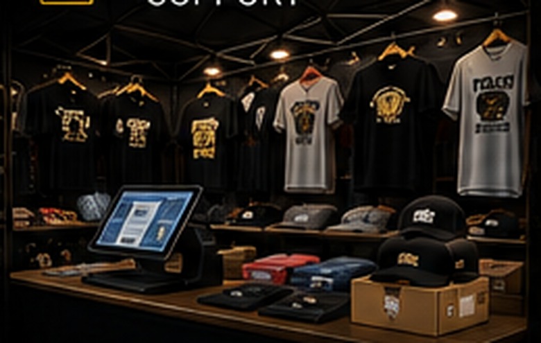 Organized concert merchandise booth with apparel, inventory and point-of-sale setup